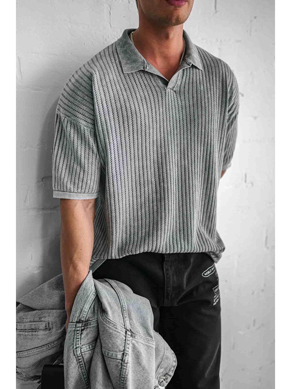 Erkek Polo Yaka Regular Fit Triko Tişört Gri-1
