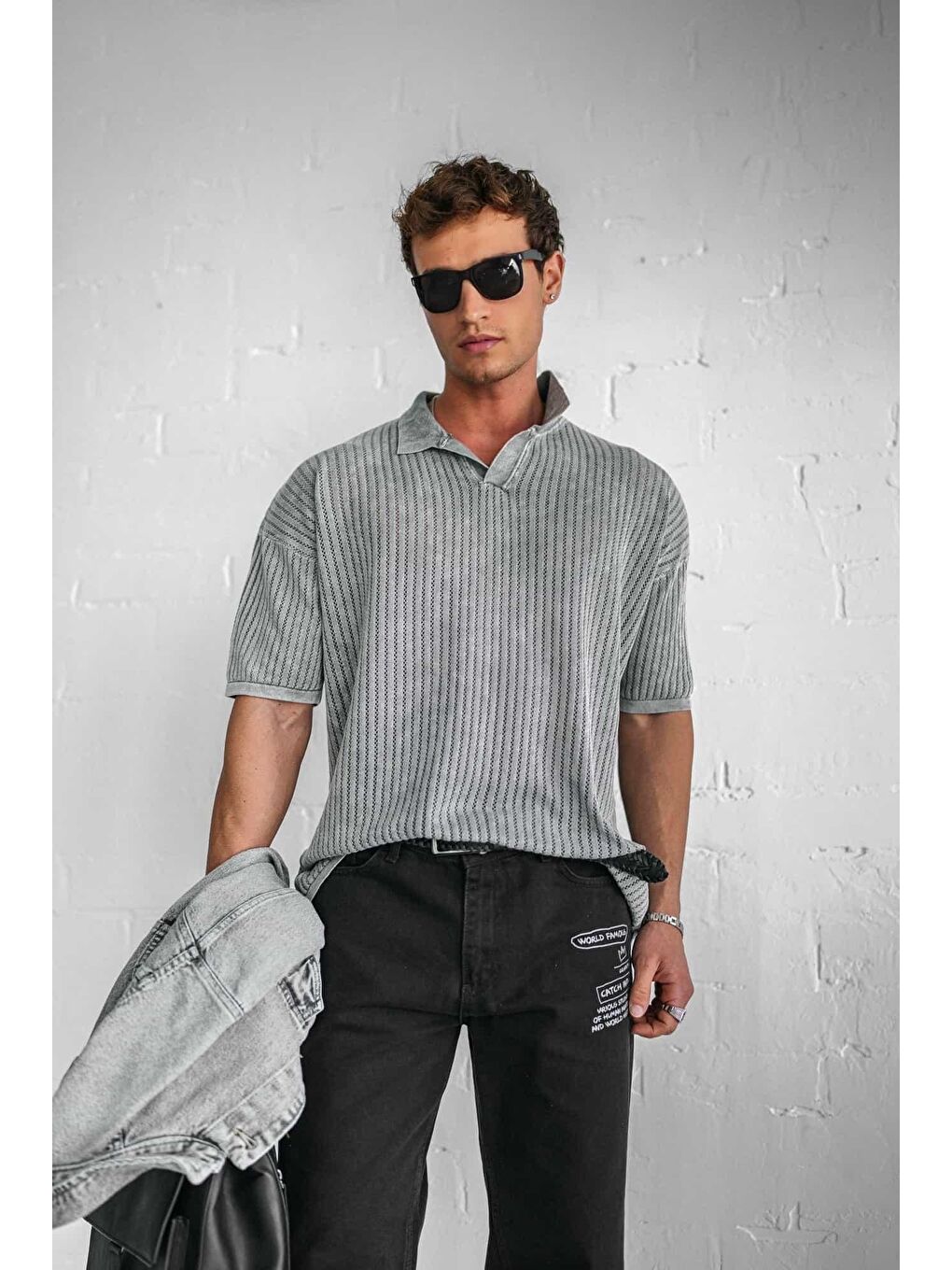 Erkek Polo Yaka Regular Fit Triko Tişört Gri-2