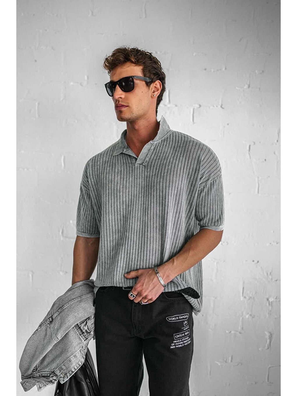 Erkek Polo Yaka Regular Fit Triko Tişört Gri-3