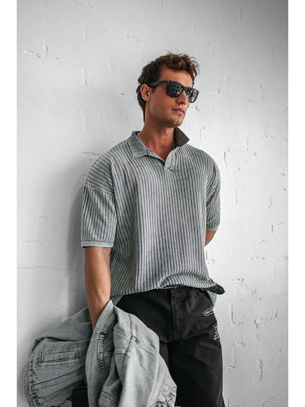 Erkek Polo Yaka Regular Fit Triko Tişört Gri-4