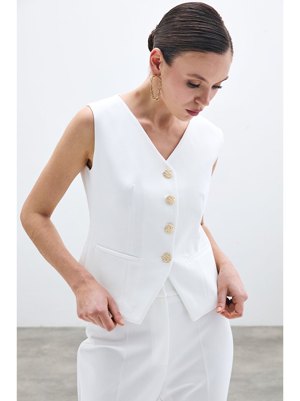 Düğmeli Kısa Yelek - Ekru-2