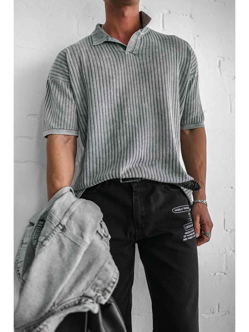 Erkek Polo Yaka Regular Fit Triko Tişört Gri-5