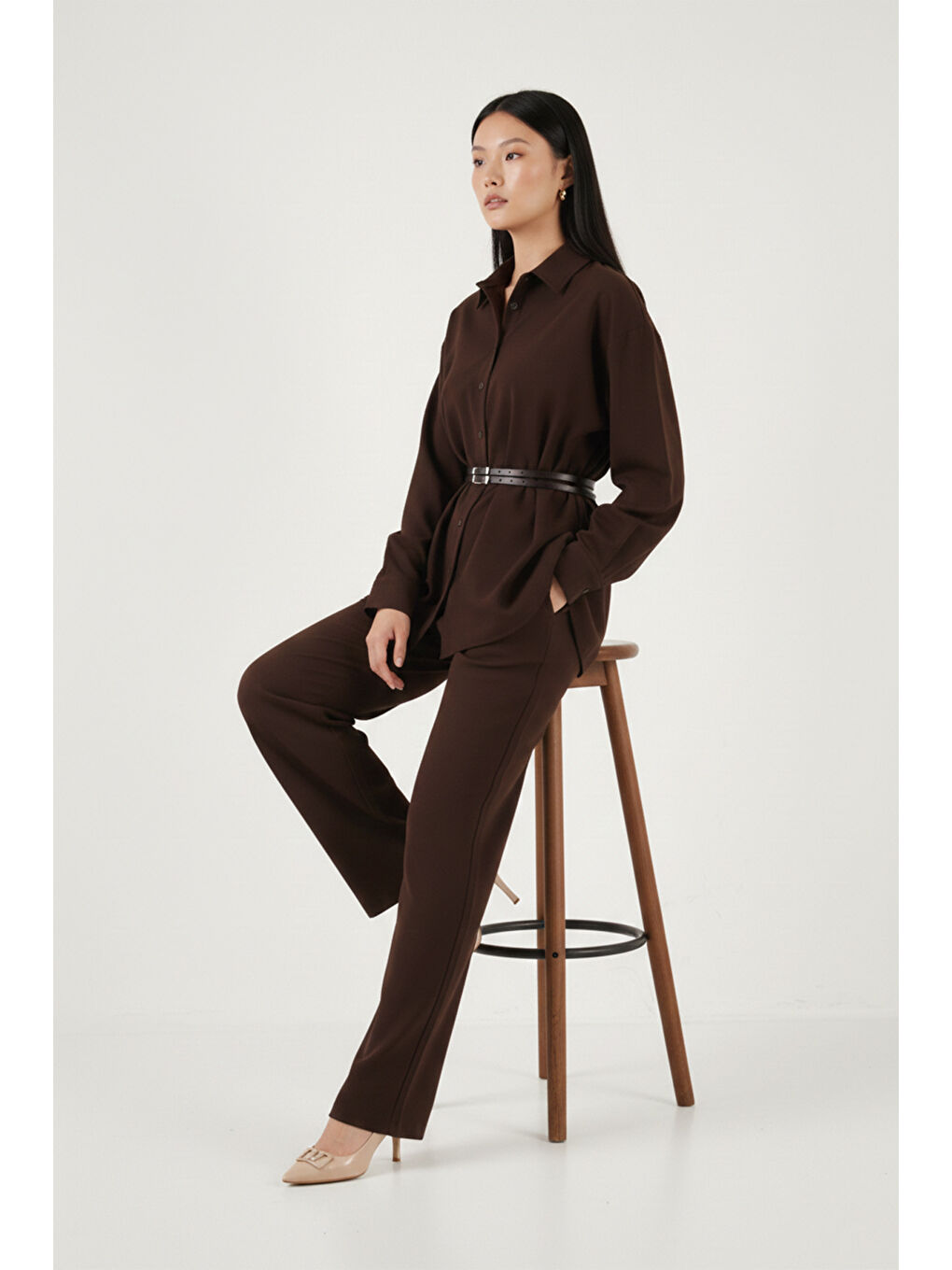 Kahverengi Regular Fit Kemer Detaylı Yüksek Bel Kadın Takım 6928887-3