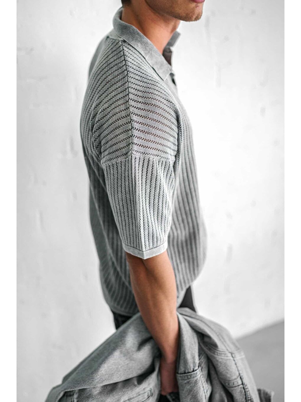 Erkek Polo Yaka Regular Fit Triko Tişört Gri-7