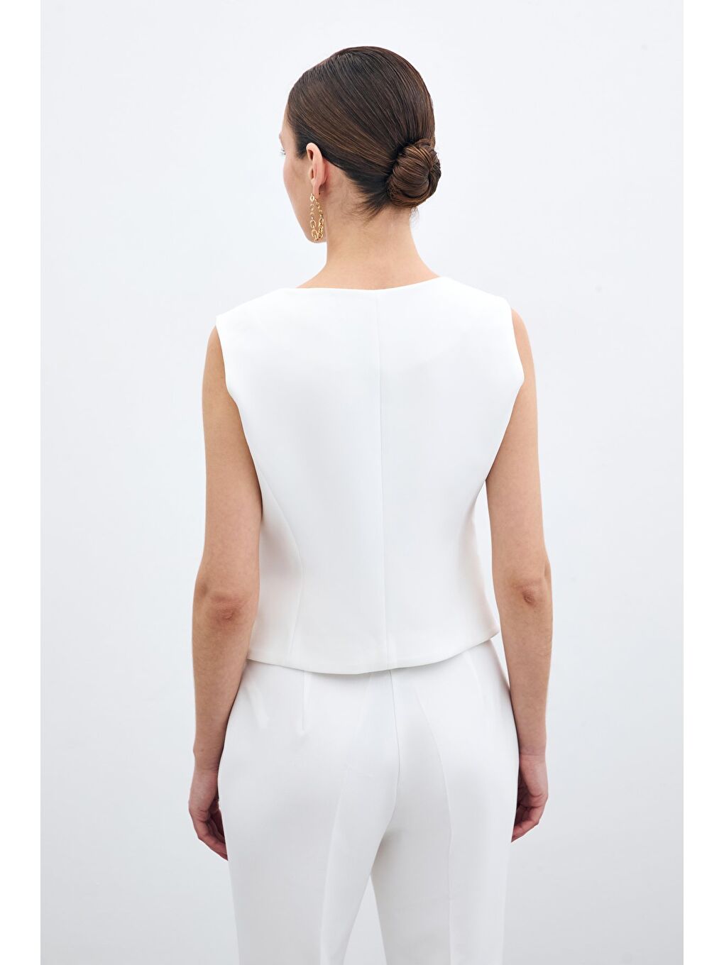 Düğmeli Kısa Yelek - Ekru-5