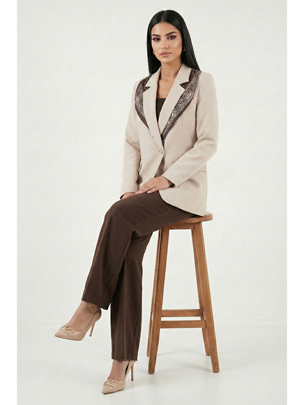 Bej Slim Fit Şal Detaylı Kruvaze Yaka Kadın Ceket 6927665-2