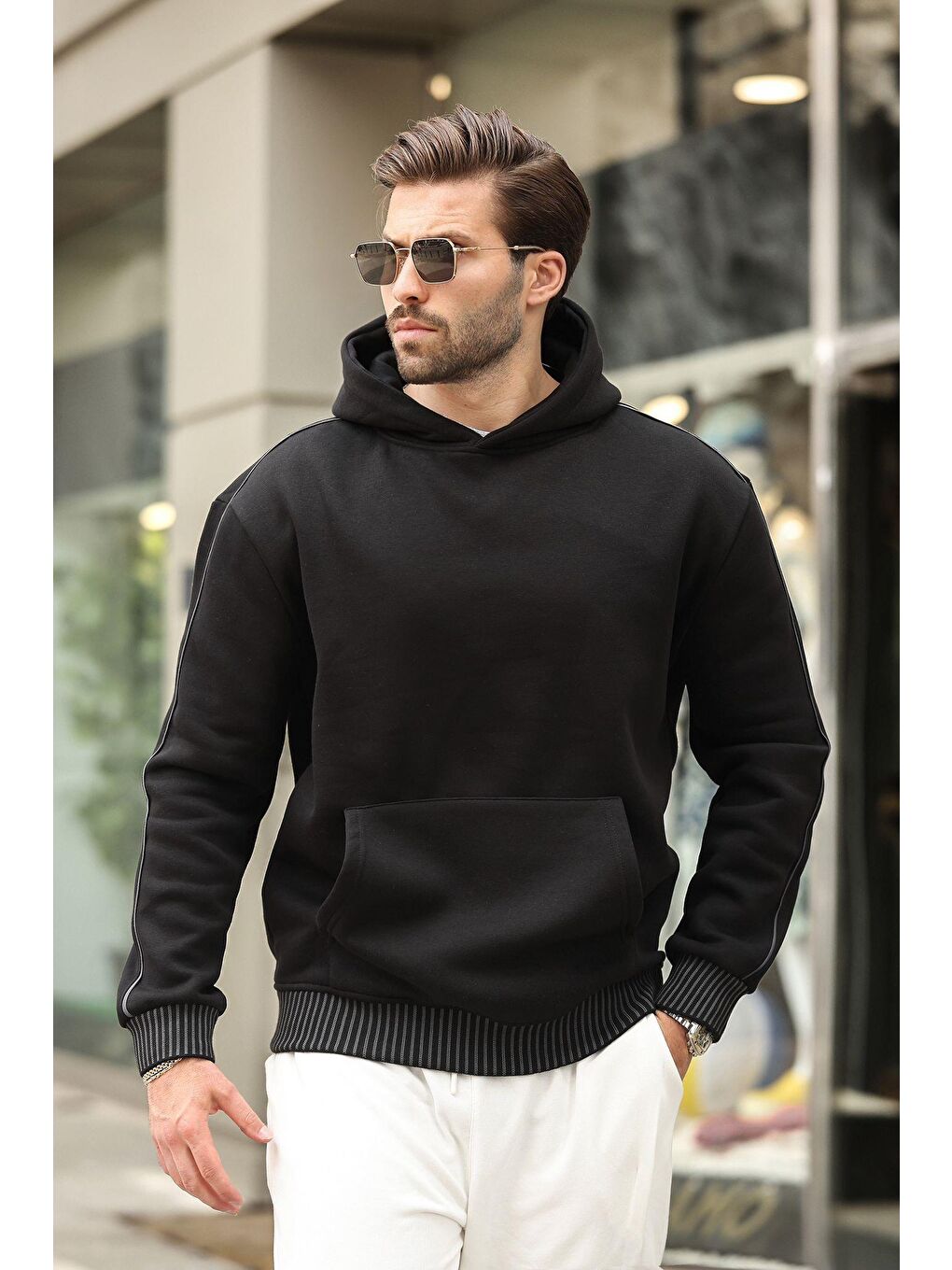 Siyah Kapüşonlu Kanguru Cep Erkek Sweatshirt E