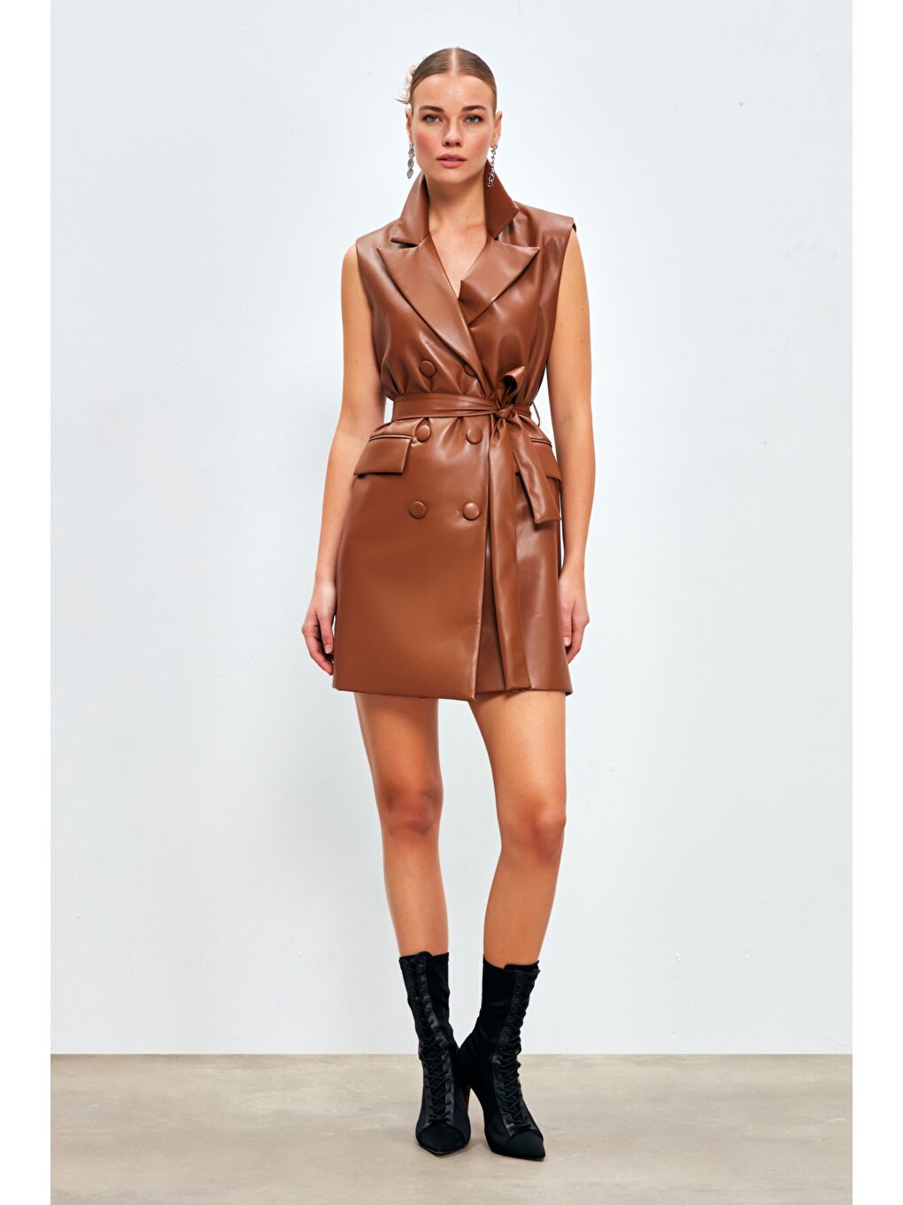 Kahverengi Kuşaklı Deri Yelek Elbise - Kahve-1