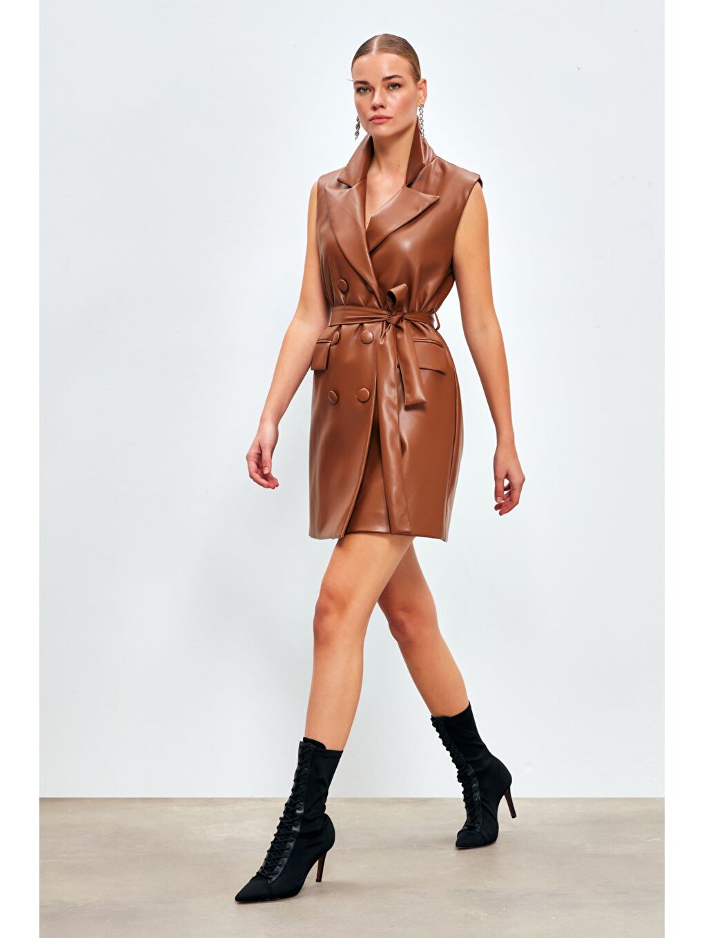 Kahverengi Kuşaklı Deri Yelek Elbise - Kahve-2