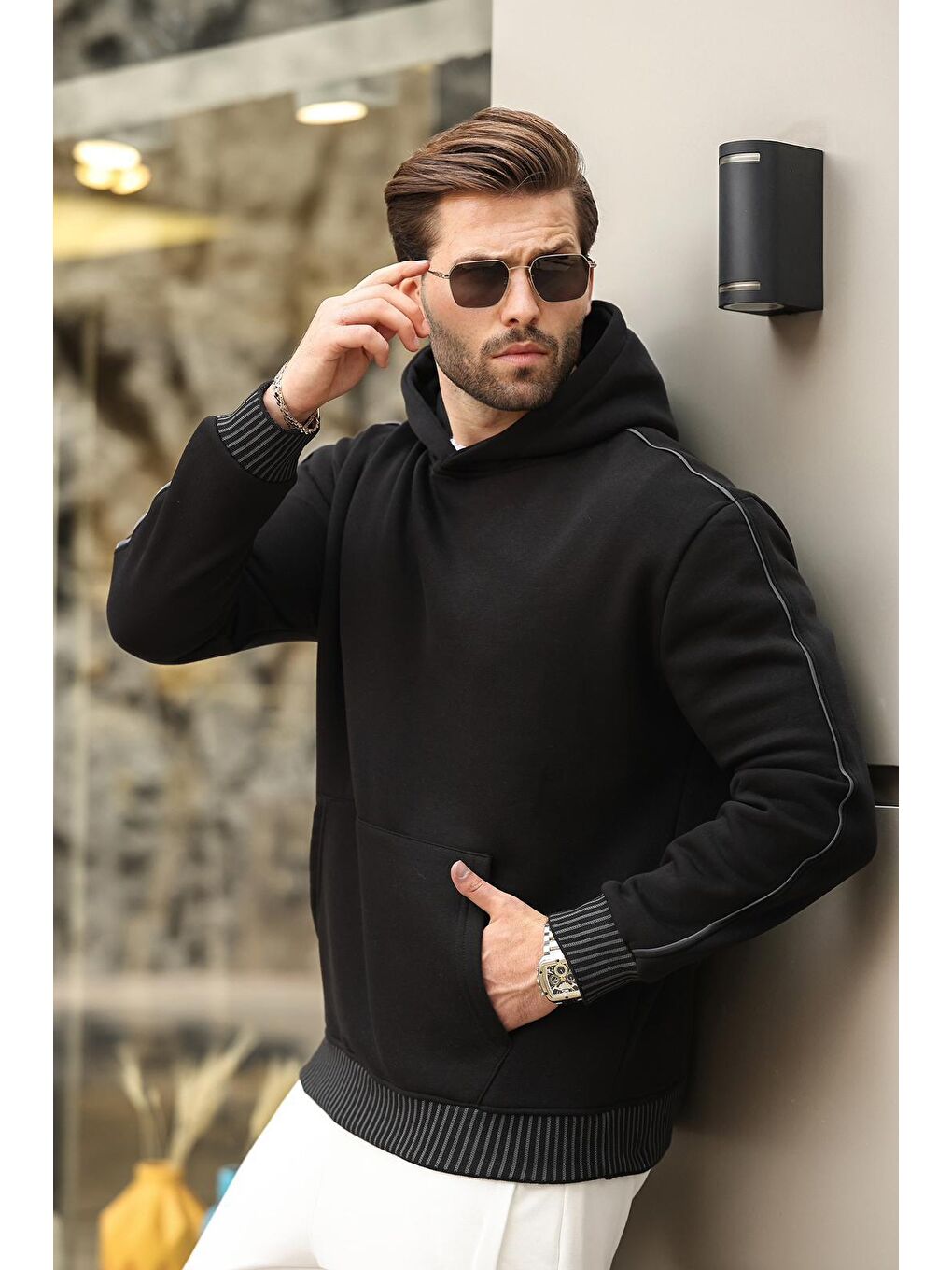 Siyah Kapüşonlu Kanguru Cep Erkek Sweatshirt E-1