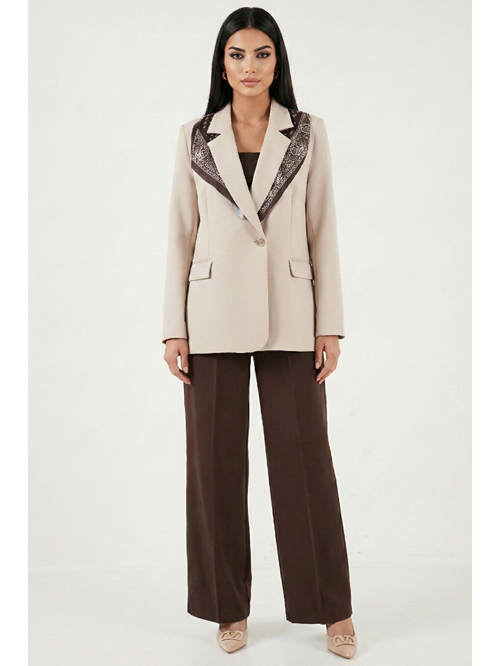 Bej Slim Fit Şal Detaylı Kruvaze Yaka Kadın Ceket 6927665-3