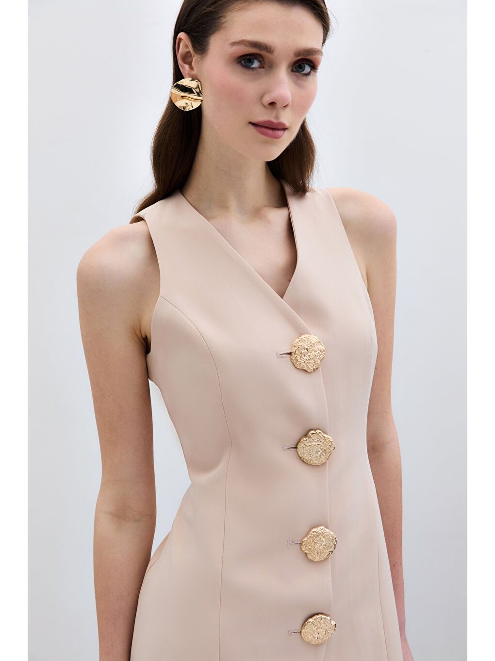 Gold Düğmeli Yelek - Bej-4