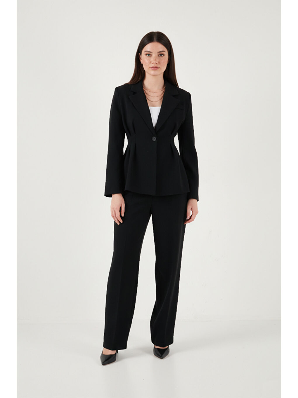 Siyah Slim Fit Kruvaze Yaka Pileli Bele Oturan Kadın Takım 6928884-2