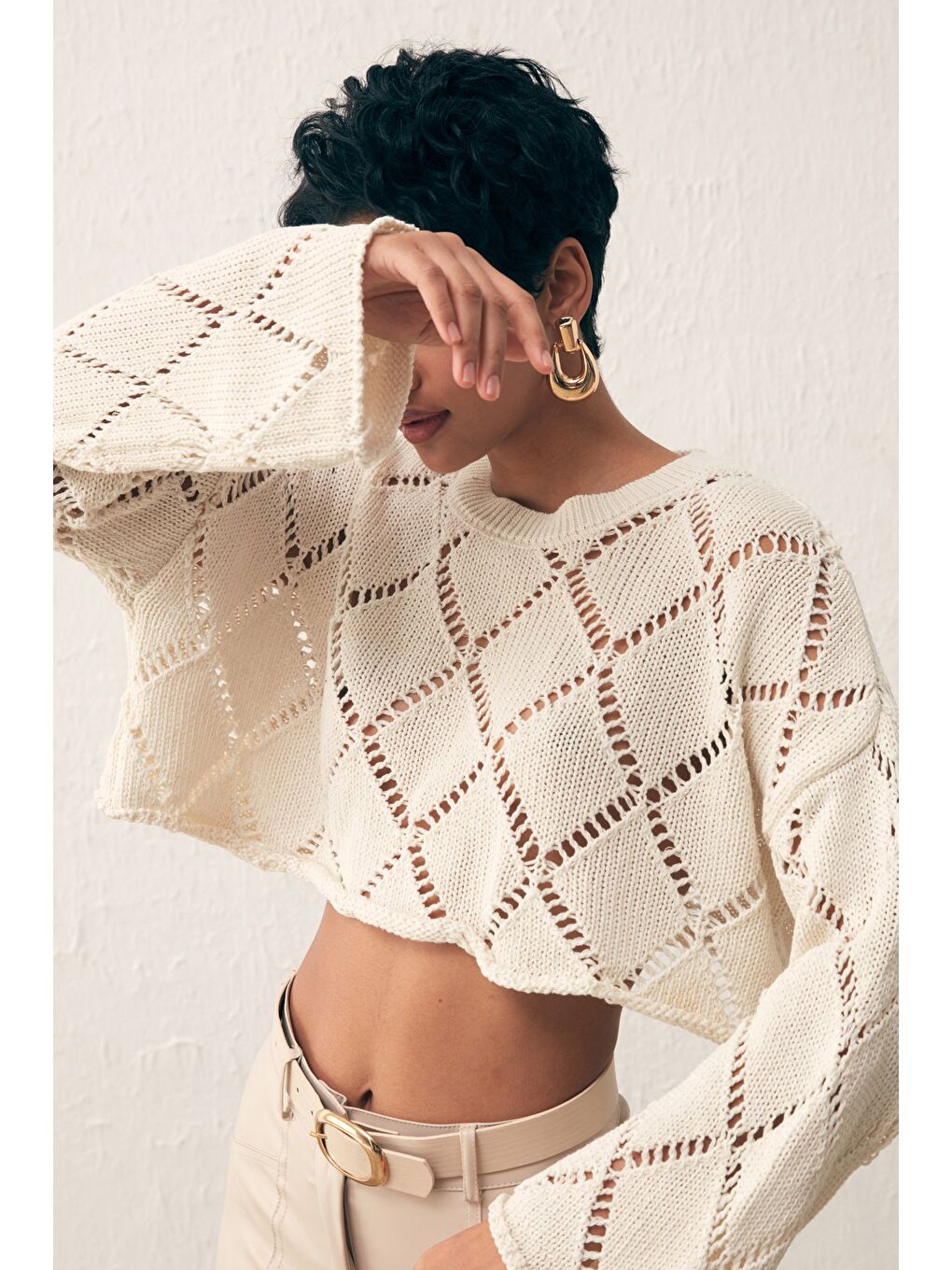 Ajurlu Crop Triko - Ekru