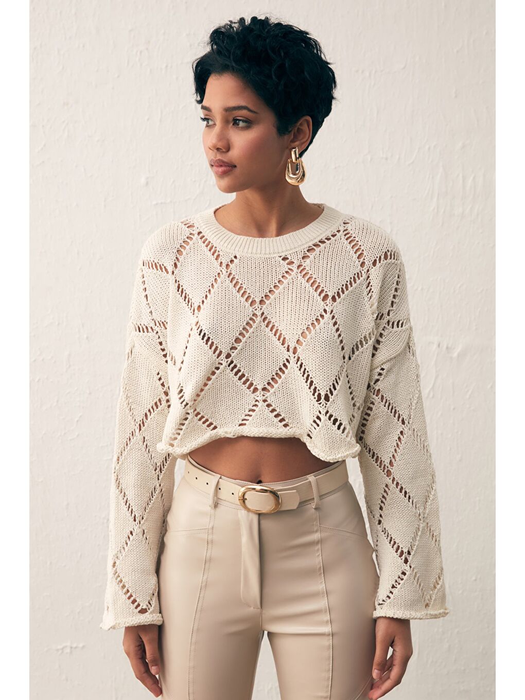 Ajurlu Crop Triko - Ekru-1