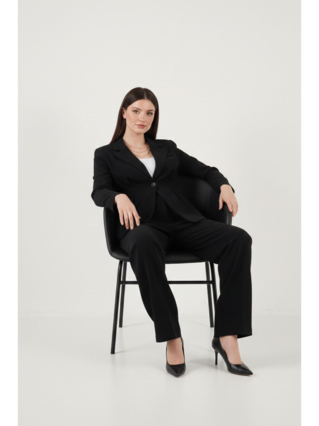 Siyah Slim Fit Kruvaze Yaka Pileli Bele Oturan Kadın Takım 6928884-4