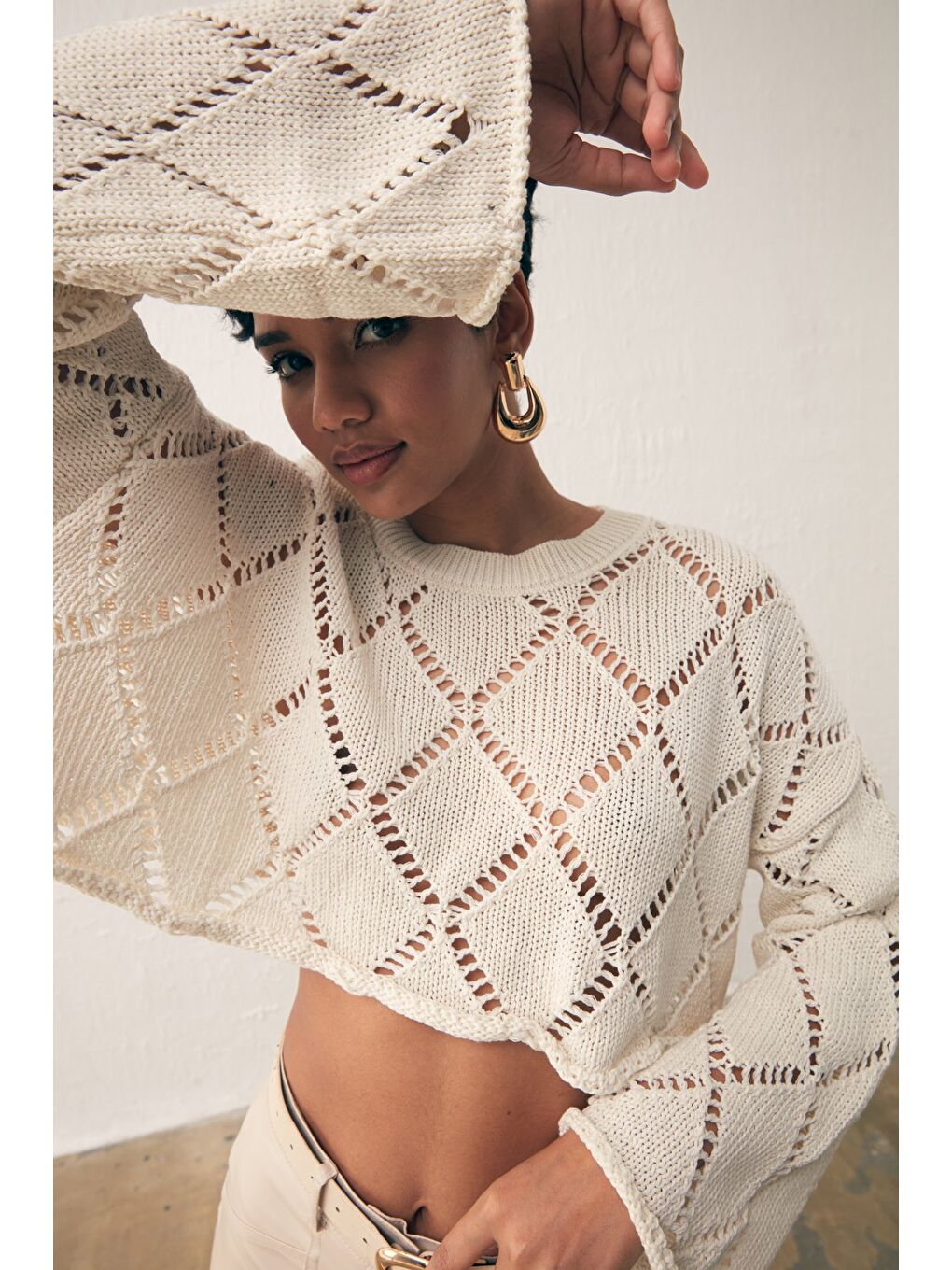 Ajurlu Crop Triko - Ekru-2