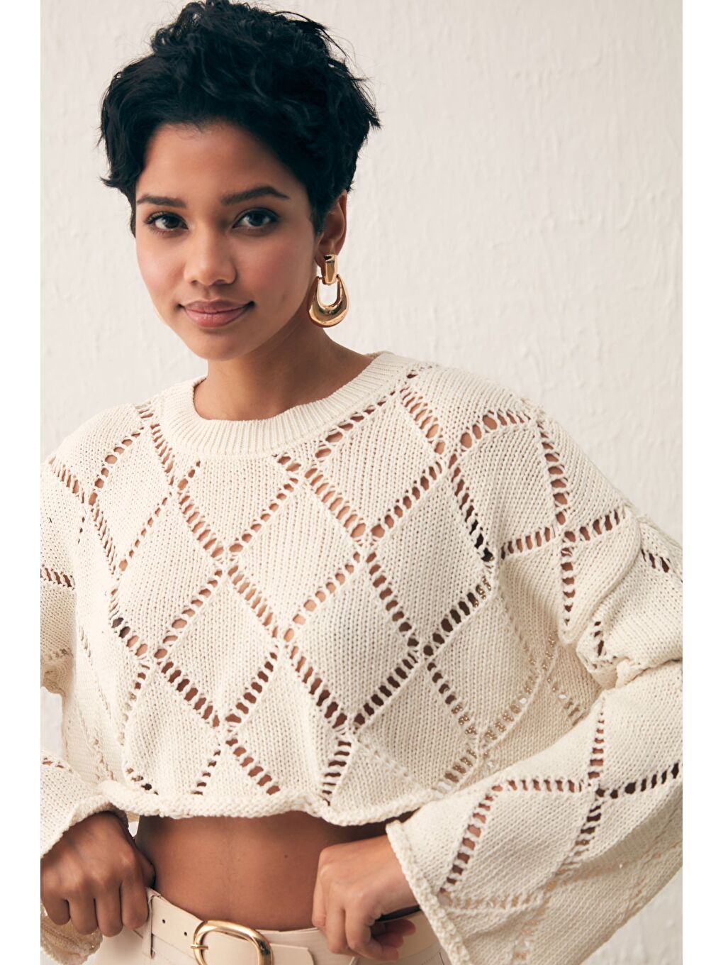 Ajurlu Crop Triko - Ekru-3