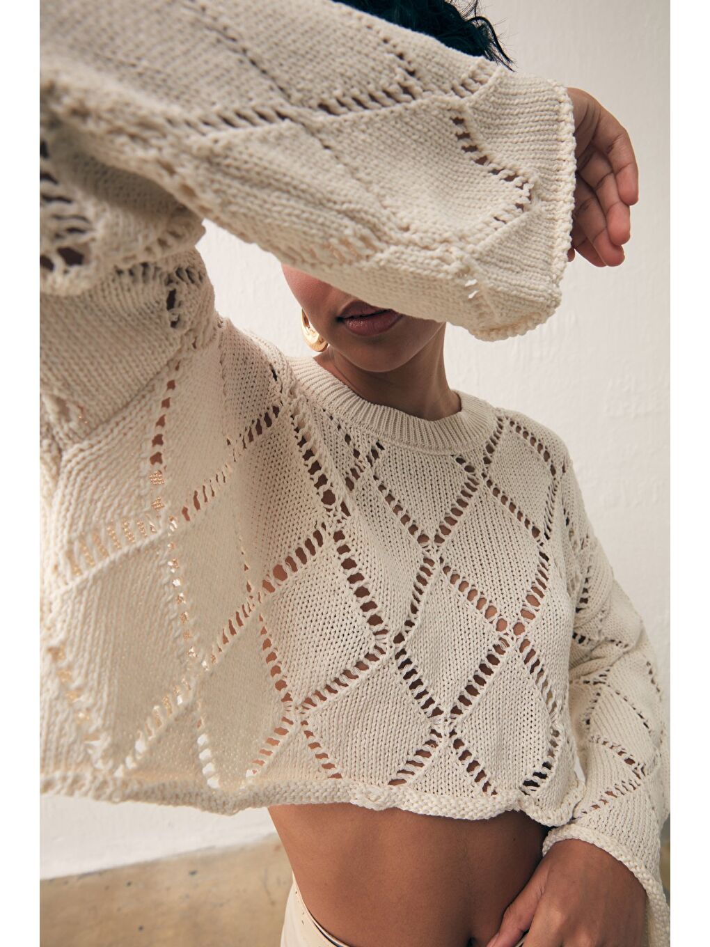 Ajurlu Crop Triko - Ekru-4