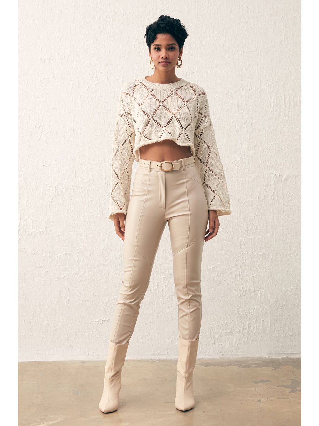 Ajurlu Crop Triko - Ekru-5