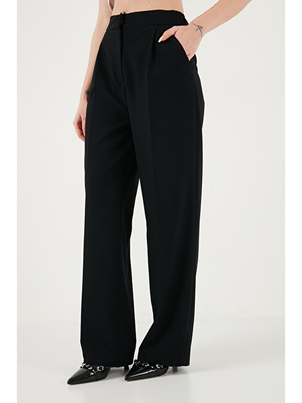 Siyah Slim Fit Kruvaze Yaka Pileli Bele Oturan Kadın Takım 6928884-5