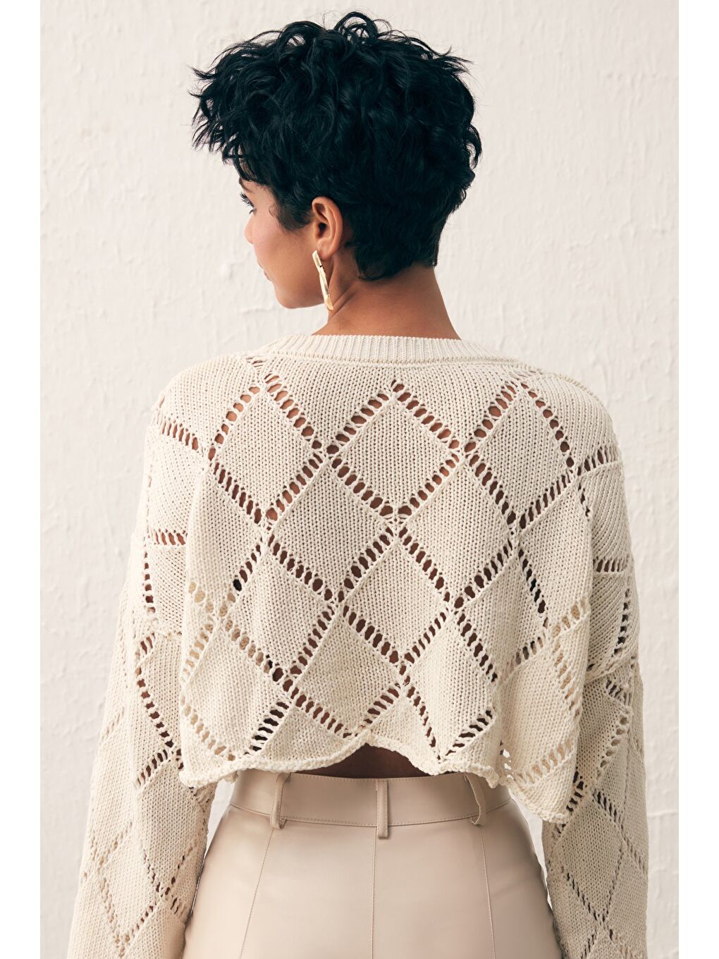 Ajurlu Crop Triko - Ekru-6