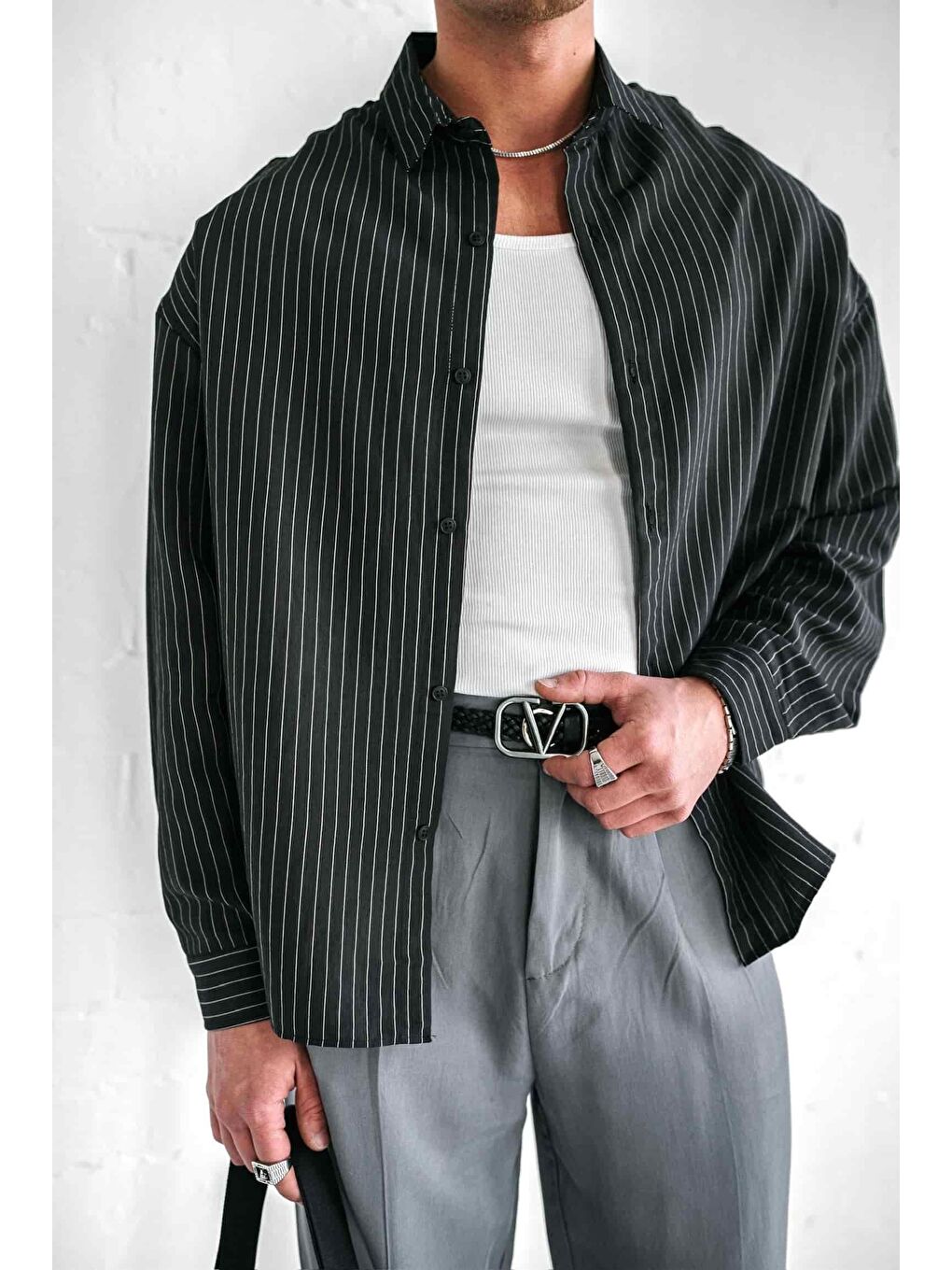 Erkek Rahat Kesim Çizgili Modal Gömlek Siyah