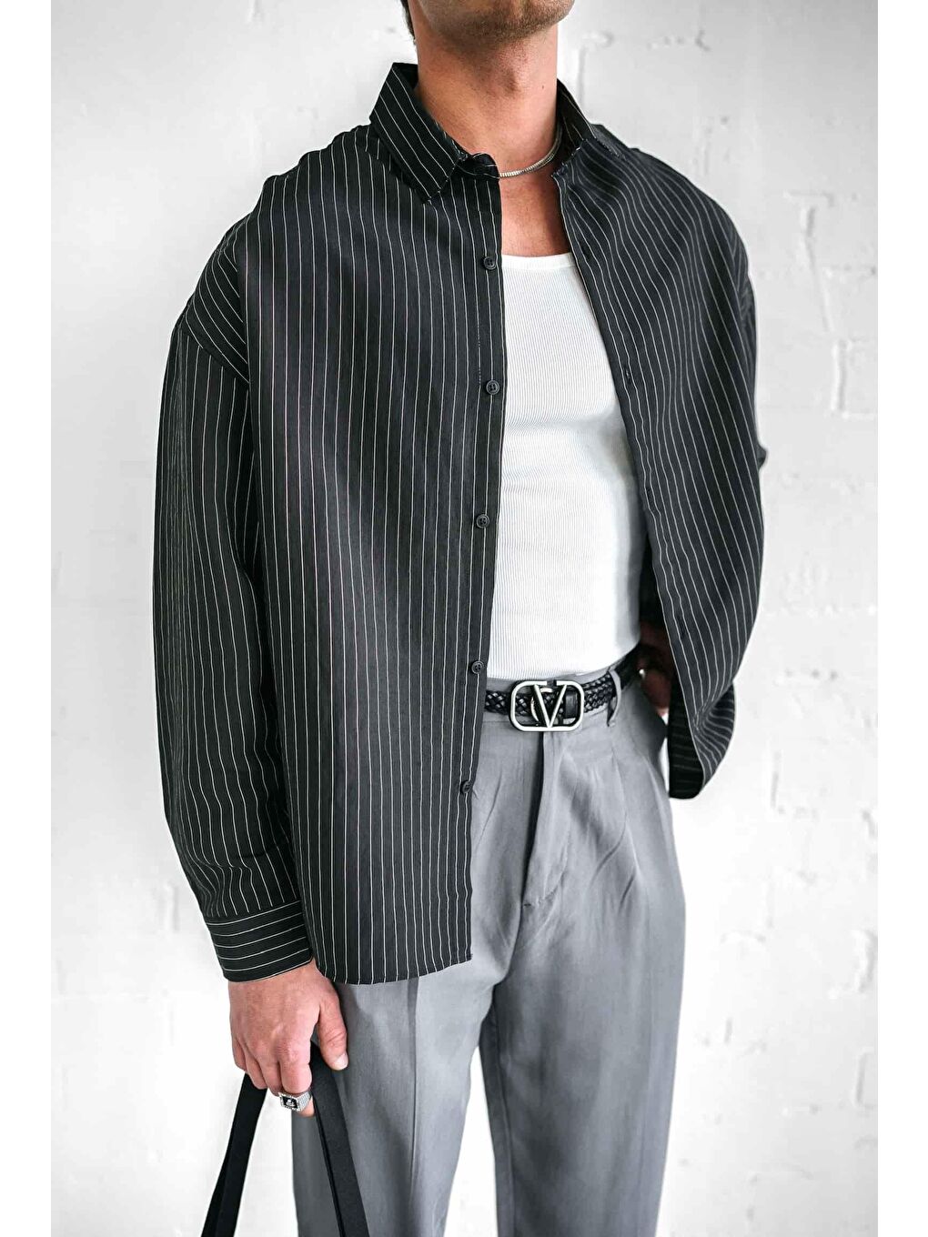 Erkek Rahat Kesim Çizgili Modal Gömlek Siyah-1