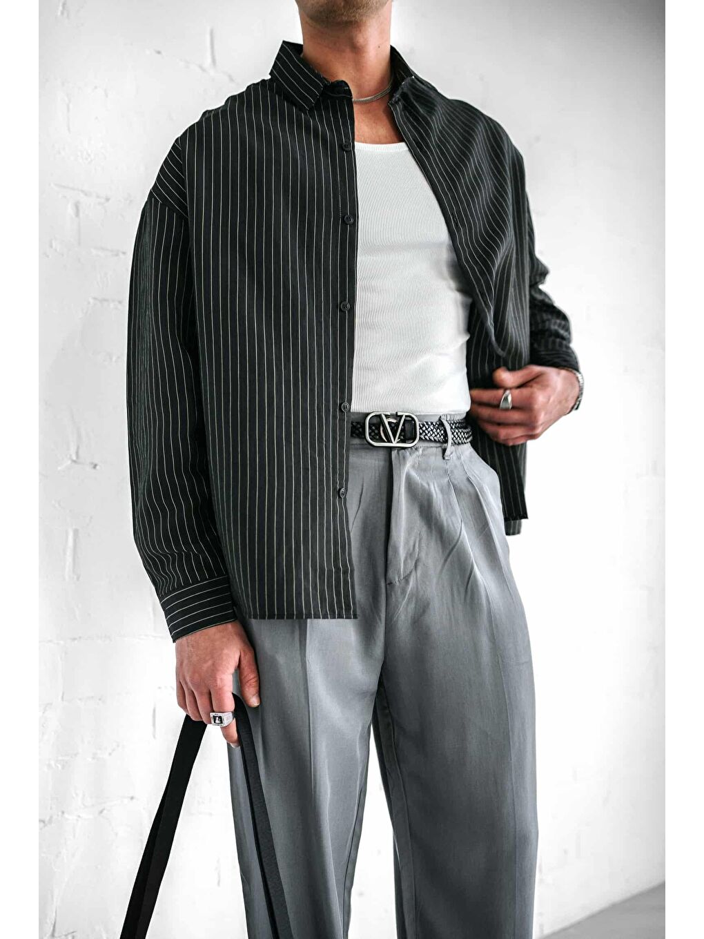 Erkek Rahat Kesim Çizgili Modal Gömlek Siyah-2