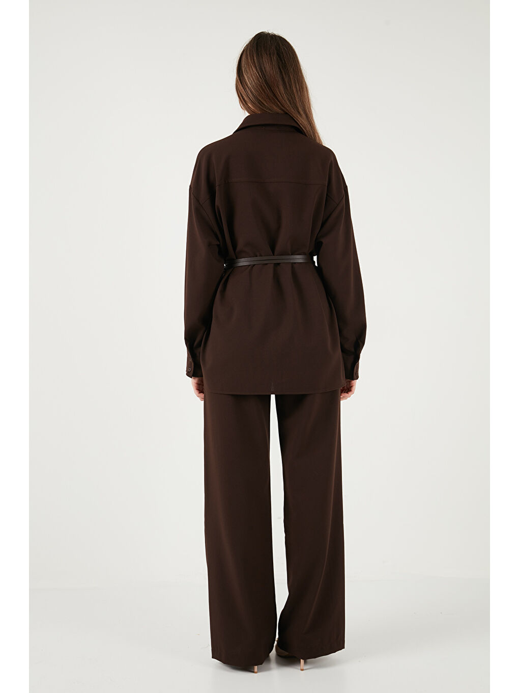 Kahverengi Regular Fit Kemer Detaylı Yüksek Bel Kadın Takım 6928887-6