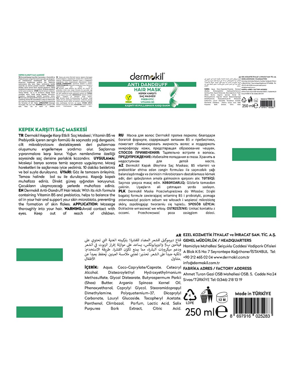 Kepeğe Karşı (Prebiotic-Vit B5) Saç Bakım Maskesi 250 ml-6