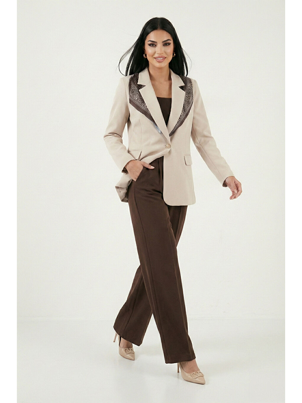 Bej Slim Fit Şal Detaylı Kruvaze Yaka Kadın Ceket 6927665-5