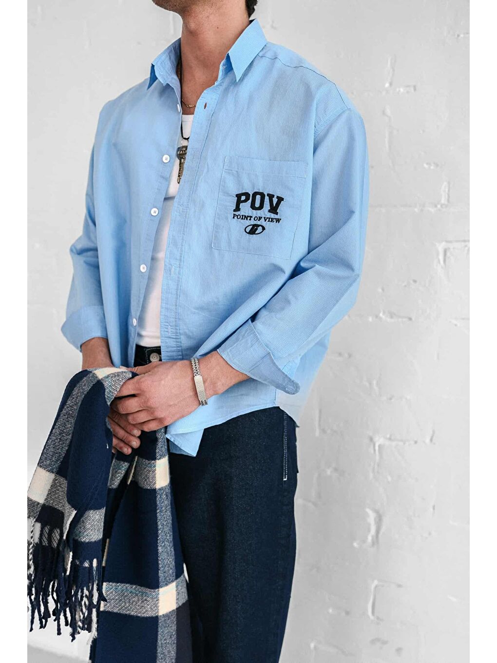 Erkek Uzun Kollu Nakiş İşlemeli Oversize Gömlek Mavi