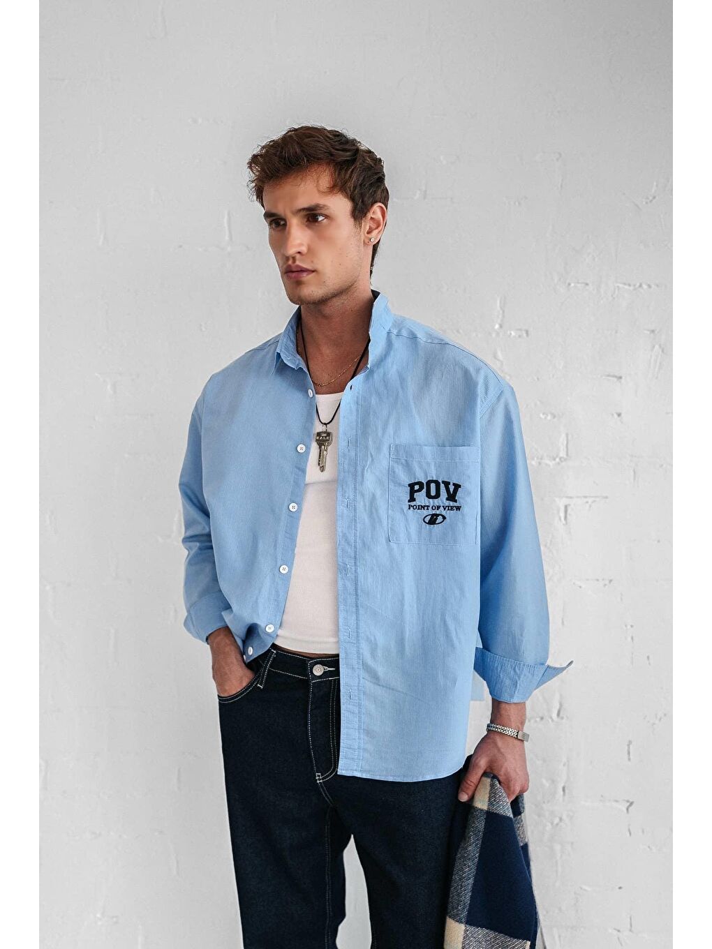 Erkek Uzun Kollu Nakiş İşlemeli Oversize Gömlek Mavi-1