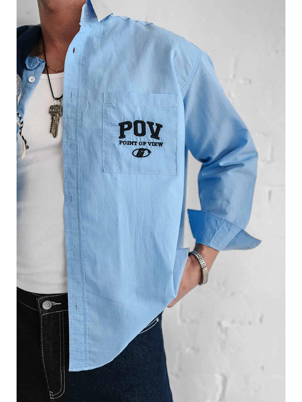 Erkek Uzun Kollu Nakiş İşlemeli Oversize Gömlek Mavi-2