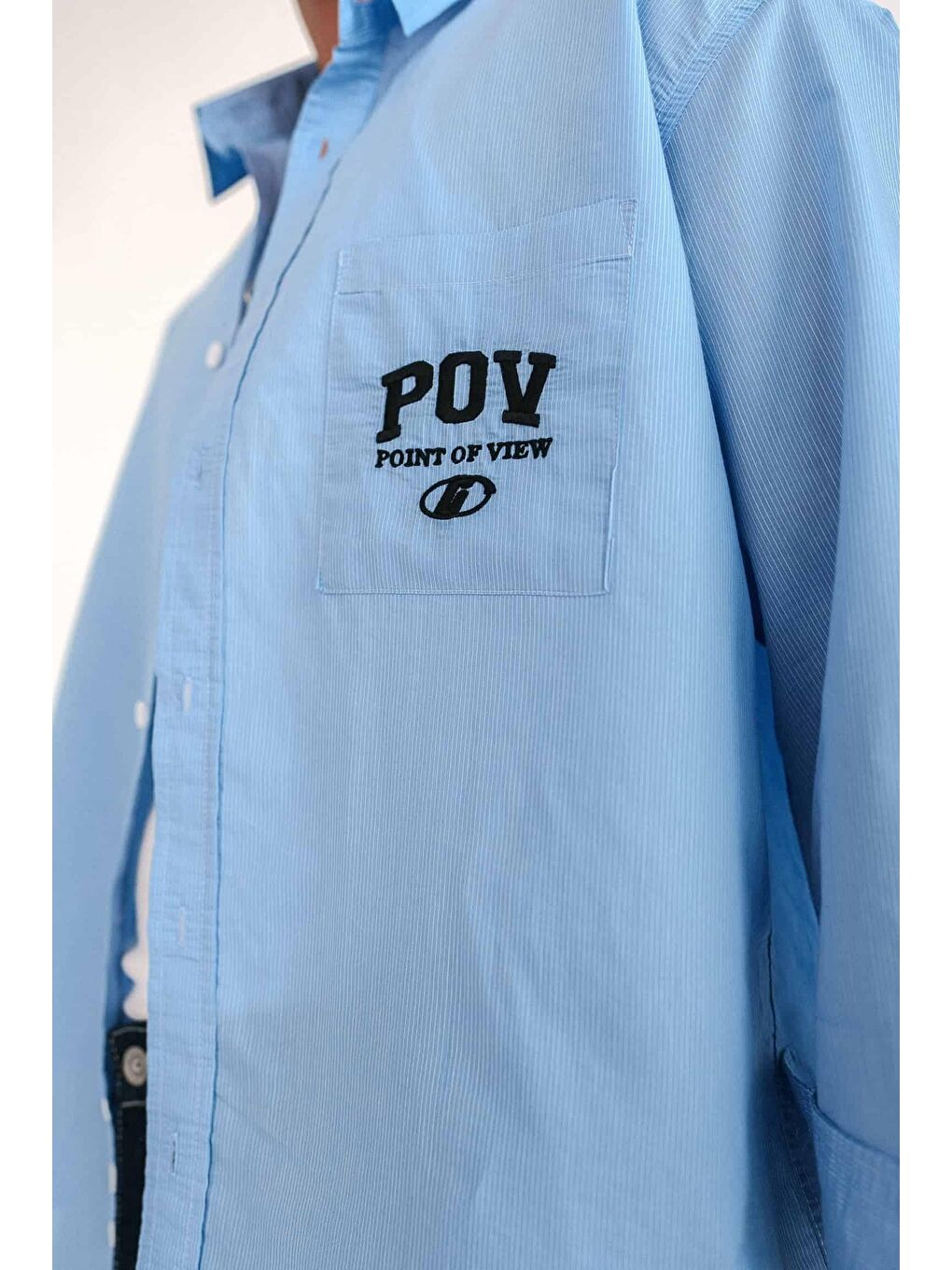 Erkek Uzun Kollu Nakiş İşlemeli Oversize Gömlek Mavi-4