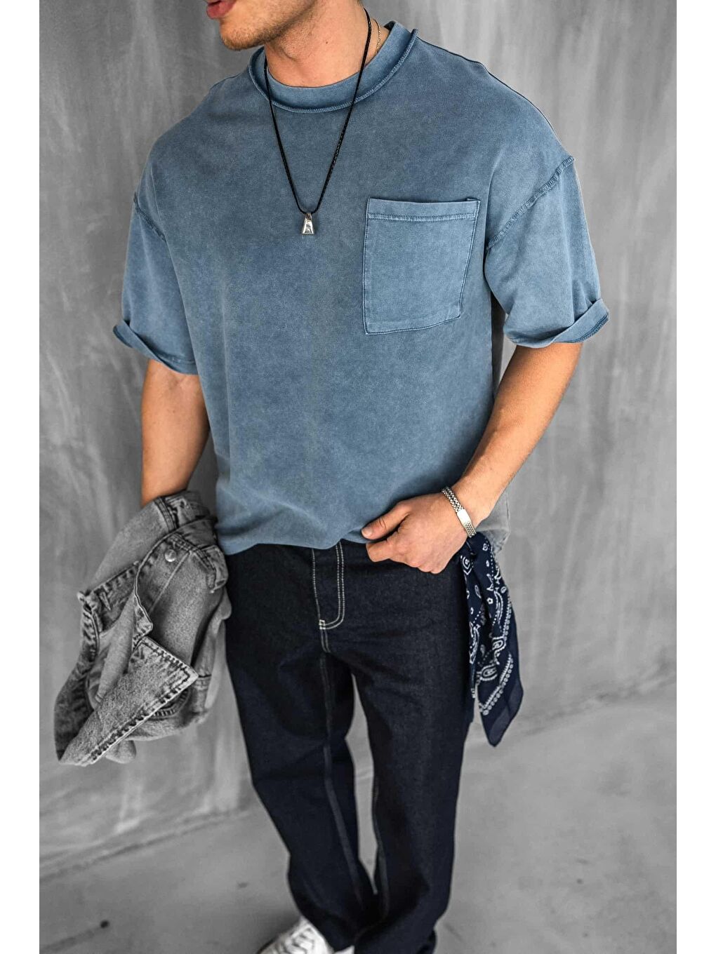 Erkek Yıkamalı Dikiş Detaylı Oversize Tişört Mavi