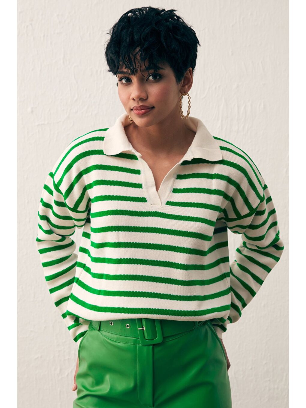 Çizgili Salaş Triko - Elma Yeşili-Krem