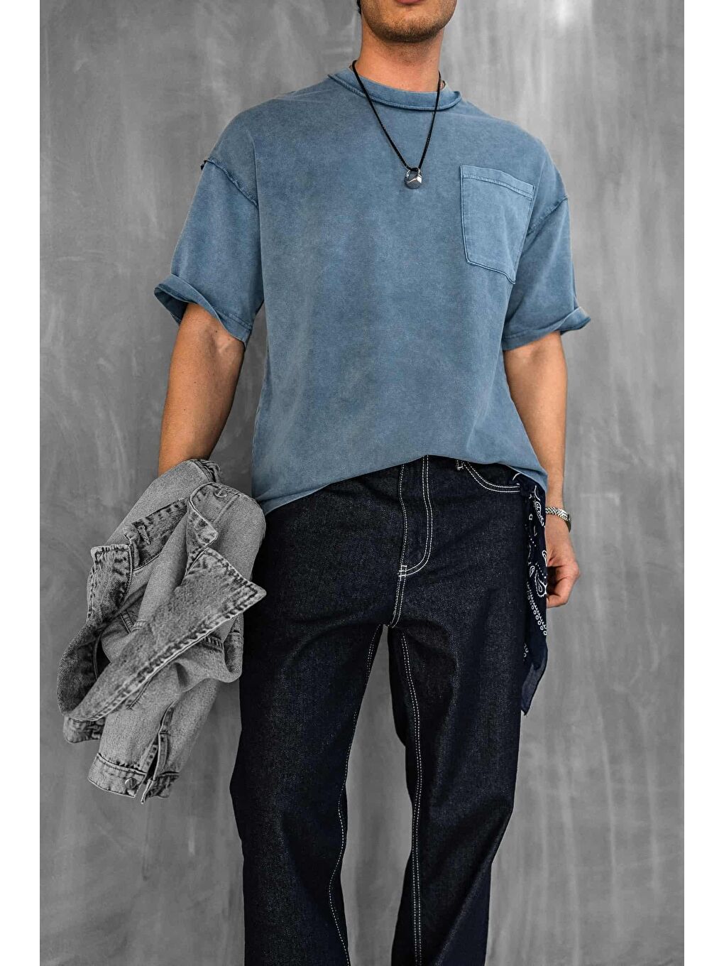 Erkek Yıkamalı Dikiş Detaylı Oversize Tişört Mavi-1