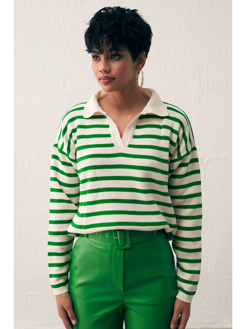 Çizgili Salaş Triko - Elma Yeşili-Krem-1