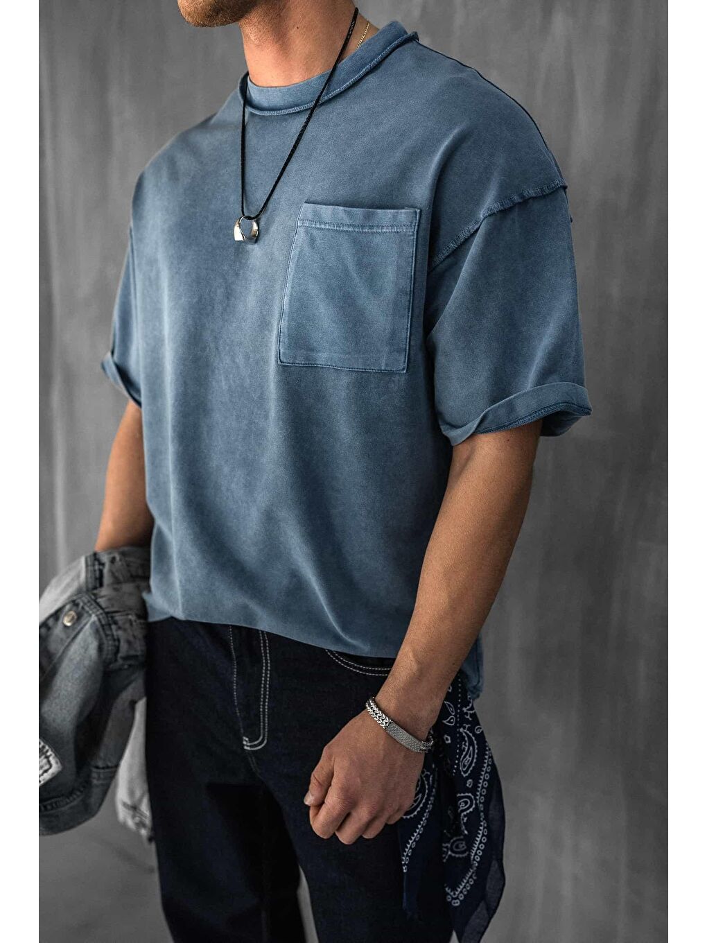 Erkek Yıkamalı Dikiş Detaylı Oversize Tişört Mavi-2