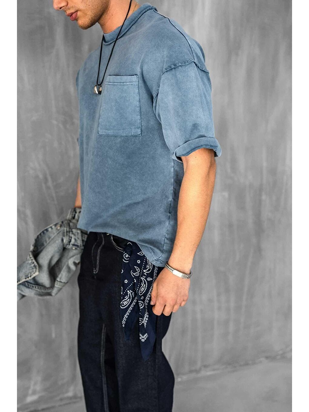 Erkek Yıkamalı Dikiş Detaylı Oversize Tişört Mavi-3