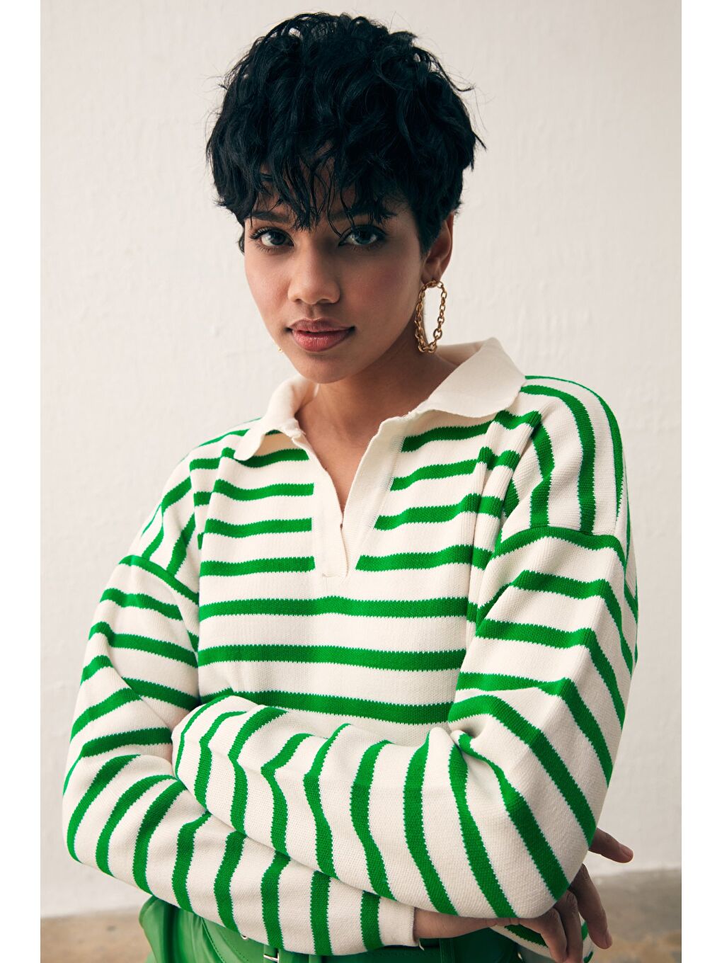 Çizgili Salaş Triko - Elma Yeşili-Krem-2