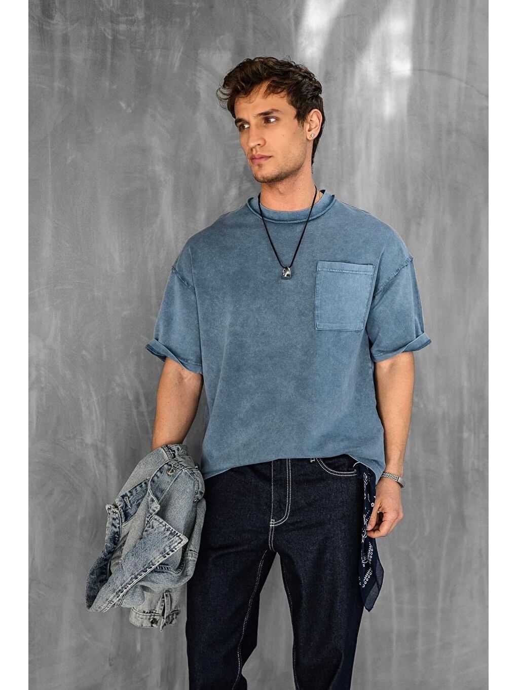 Erkek Yıkamalı Dikiş Detaylı Oversize Tişört Mavi-4