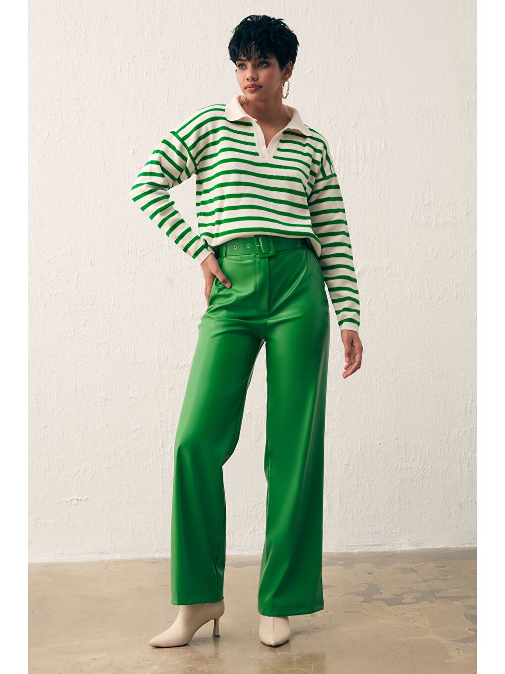 Çizgili Salaş Triko - Elma Yeşili-Krem-3