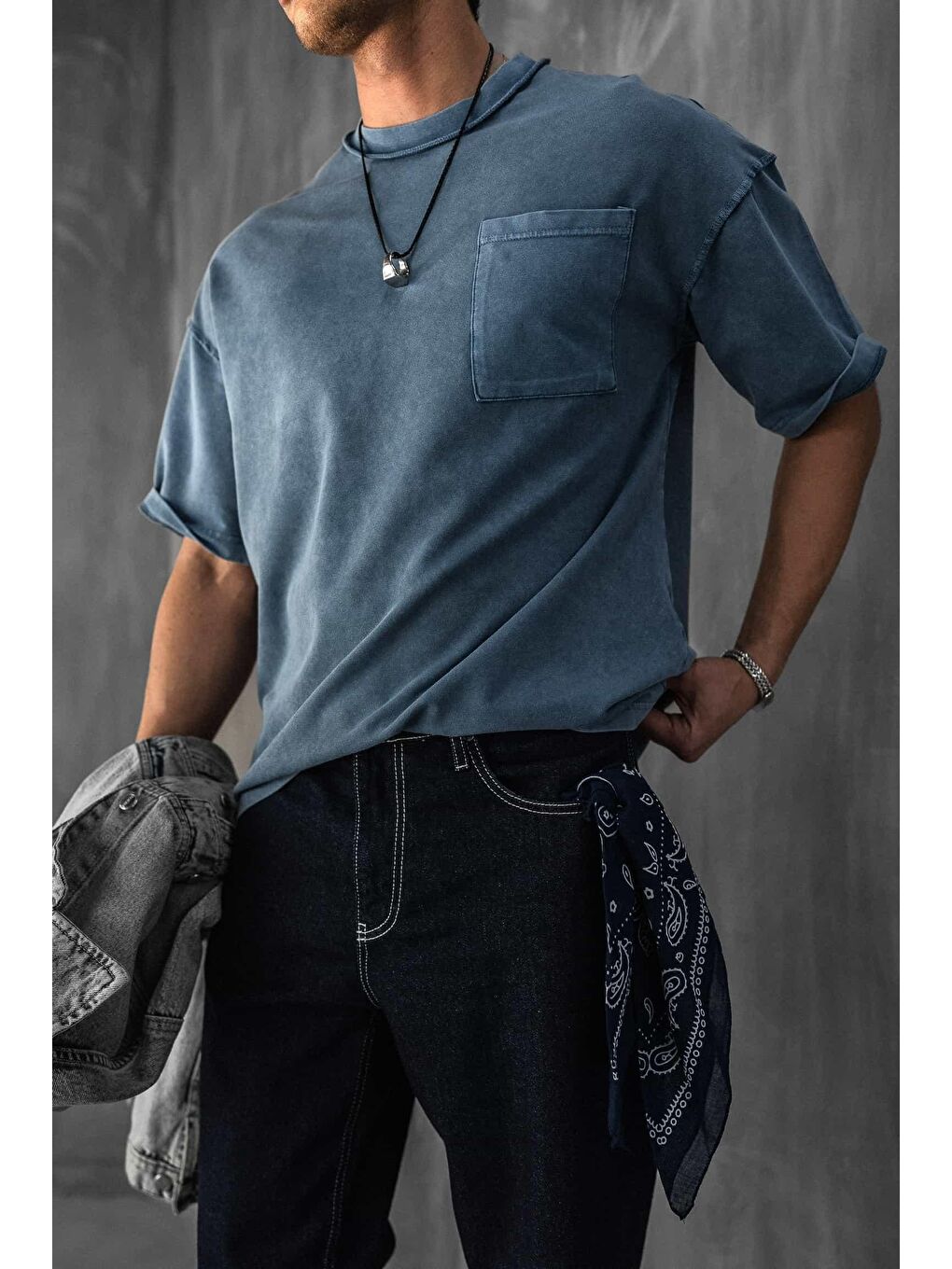 Erkek Yıkamalı Dikiş Detaylı Oversize Tişört Mavi-5