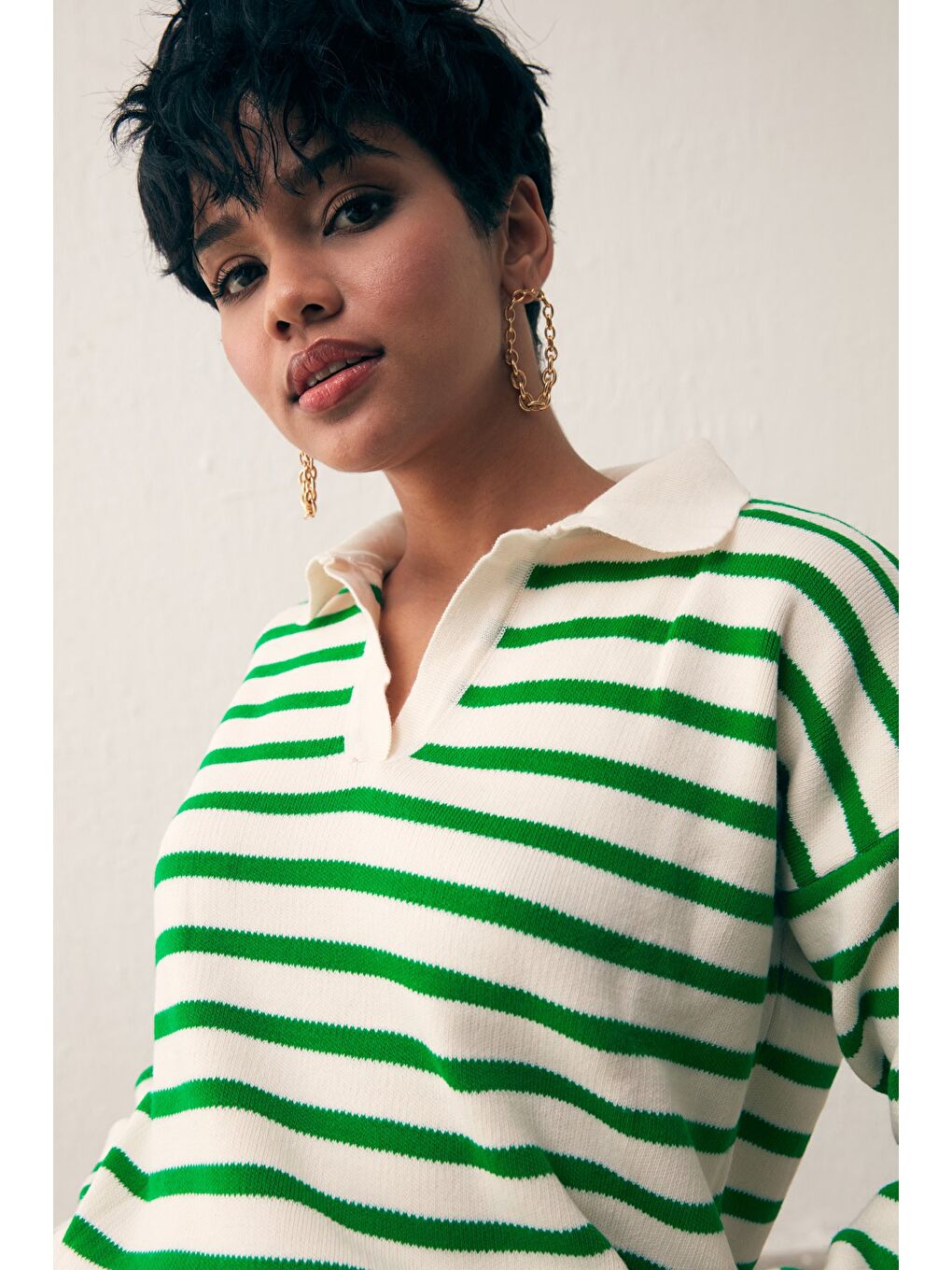 Çizgili Salaş Triko - Elma Yeşili-Krem-4