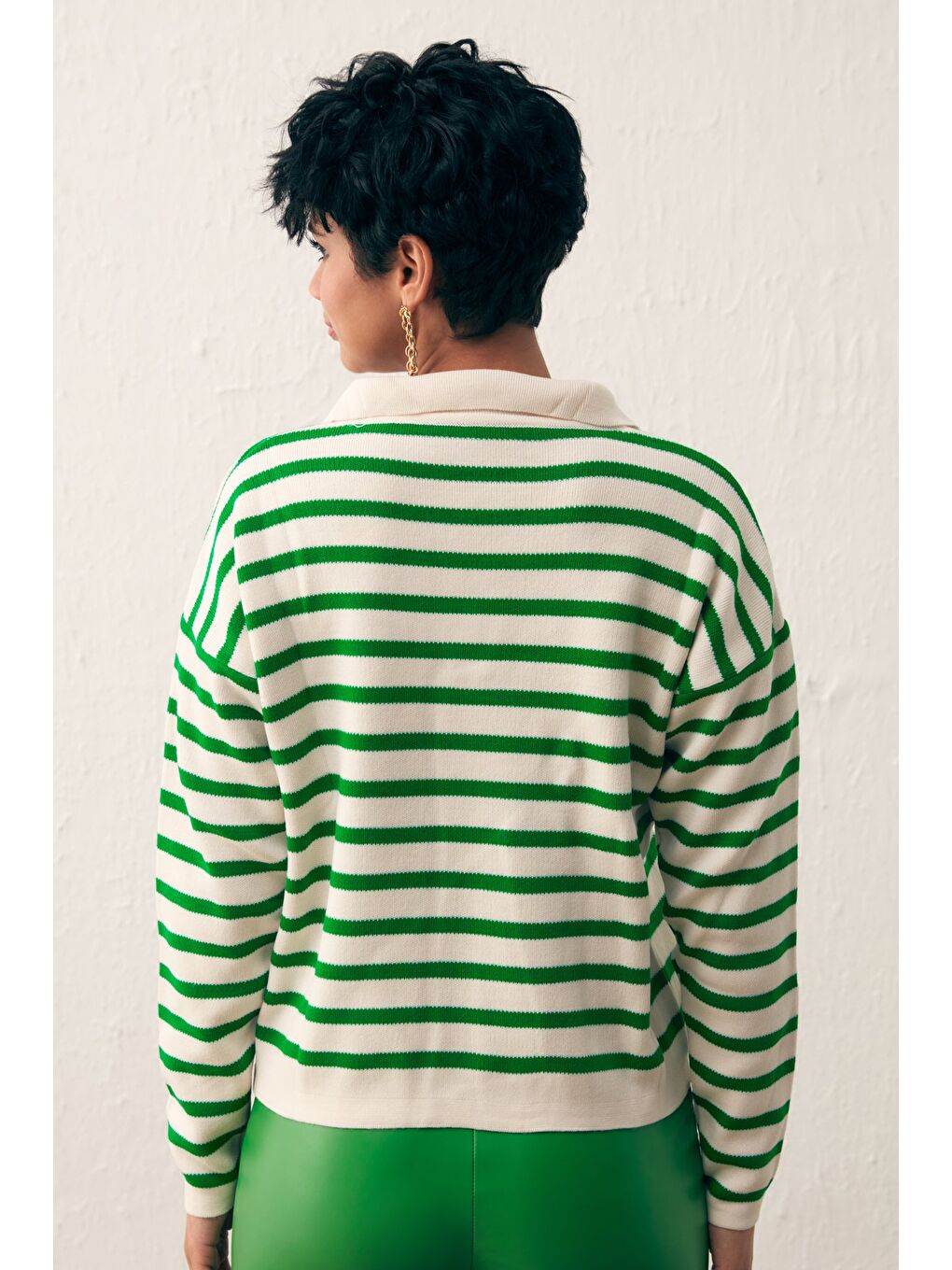 Çizgili Salaş Triko - Elma Yeşili-Krem-5