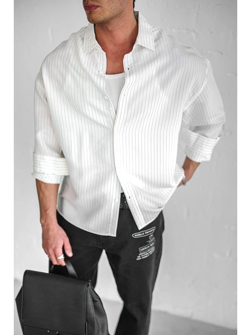 Erkek Rahat Kesim Çizgili Modal Gömlek Beyaz