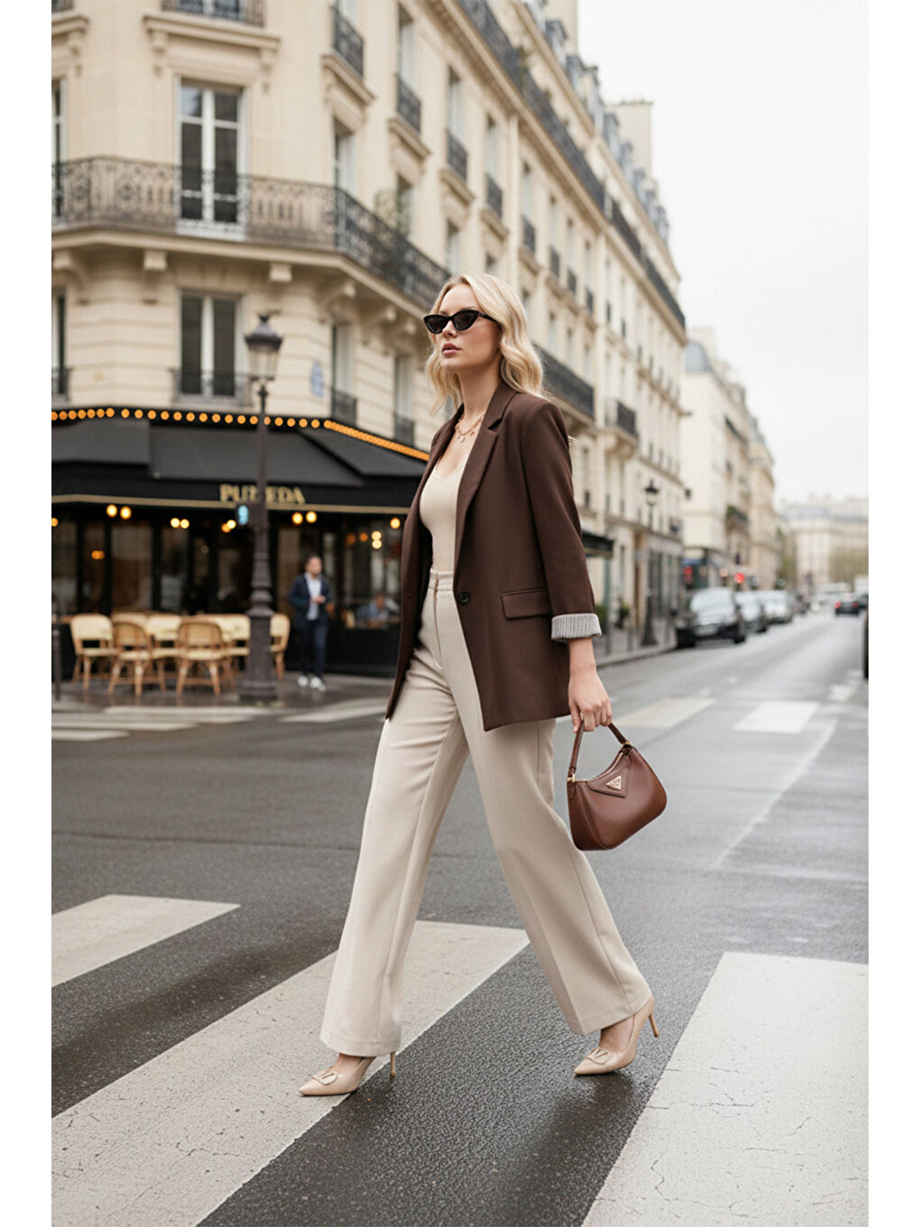 Kahverengi Regular Fit Kruvaze Yaka Desenli Astarlı Kadın Ceket 6927624